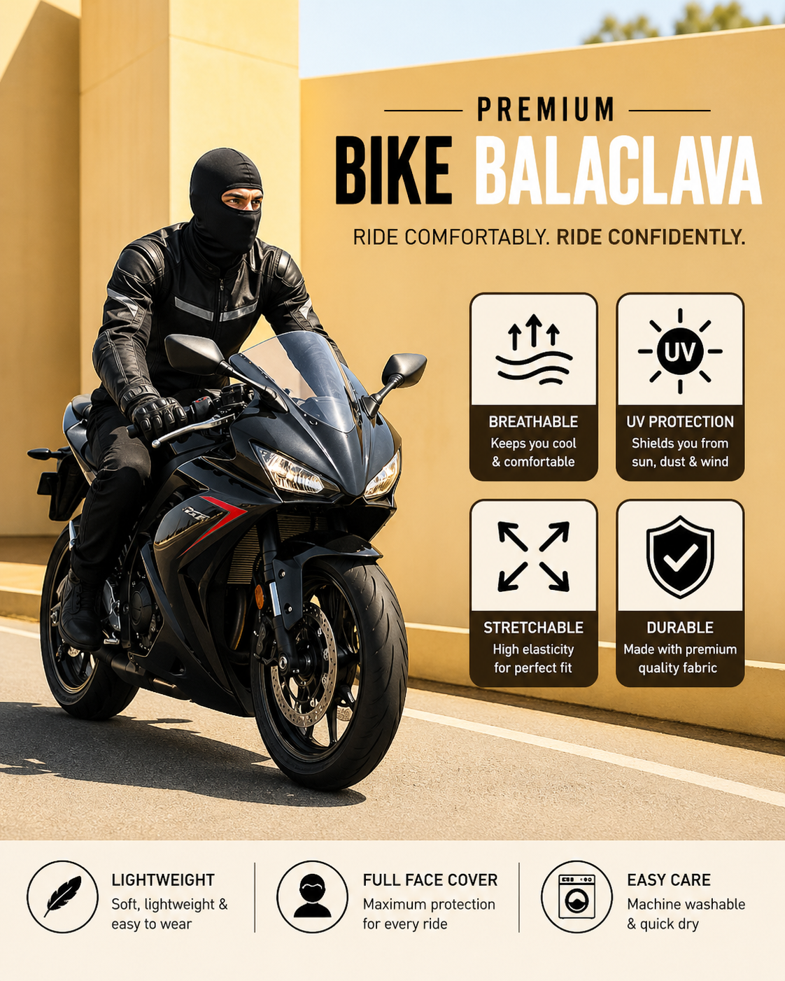 Full Face Balaclava for Men & Women – UV Protection, Breathable, Anti-Dust & Sweat Absorbing, Stretchable Ski Mask, Helmet Liner for Bike Riding, Cycling