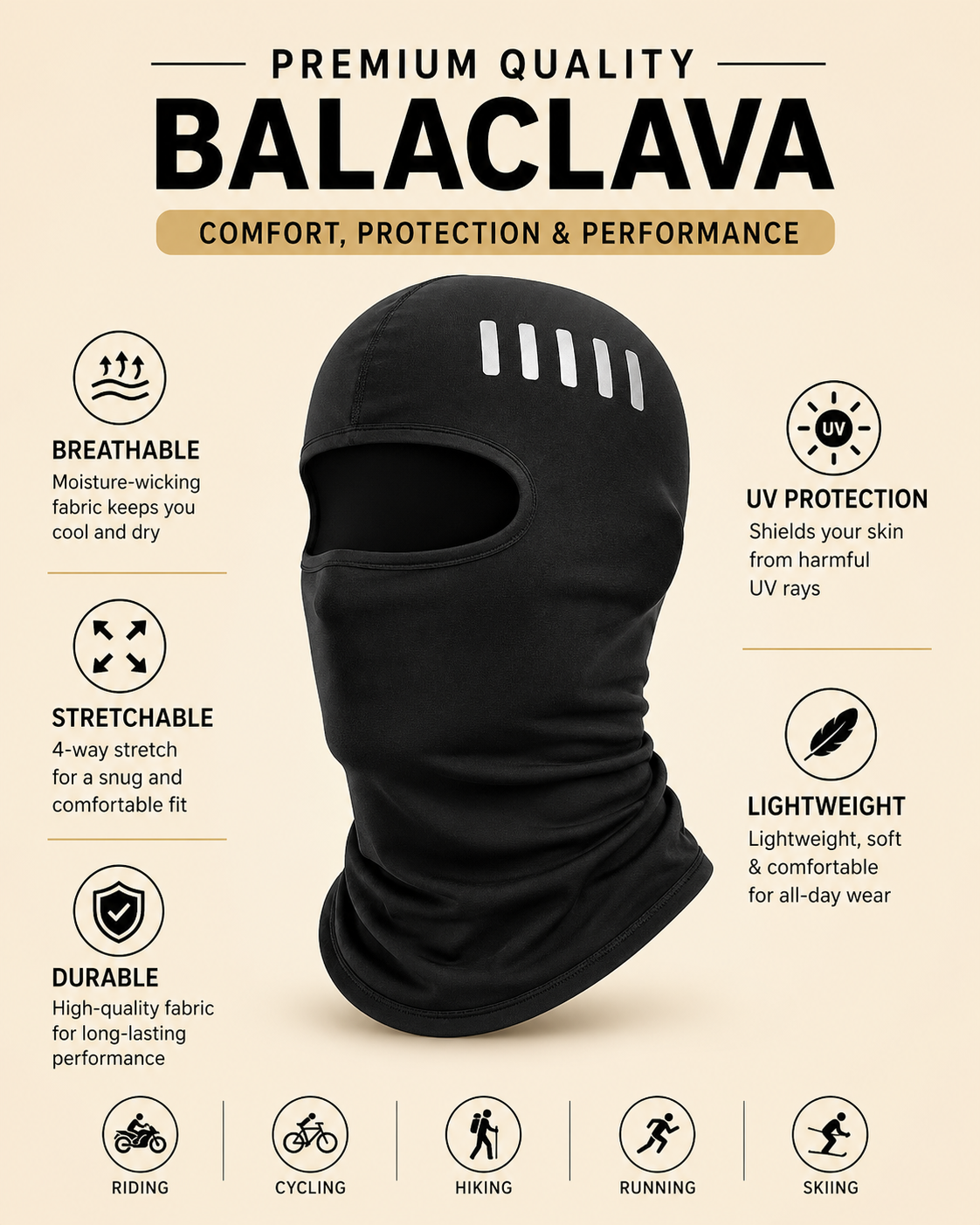 Full Face Balaclava for Men & Women – UV Protection, Breathable, Anti-Dust & Sweat Absorbing, Stretchable Ski Mask, Helmet Liner for Bike Riding, Cycling